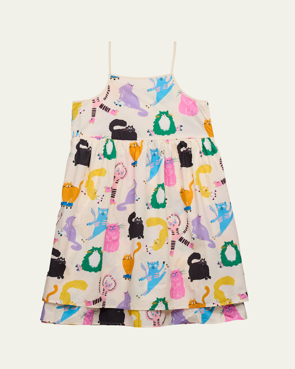 Girl's Cat-Print Strappy Dress, Size 3-16